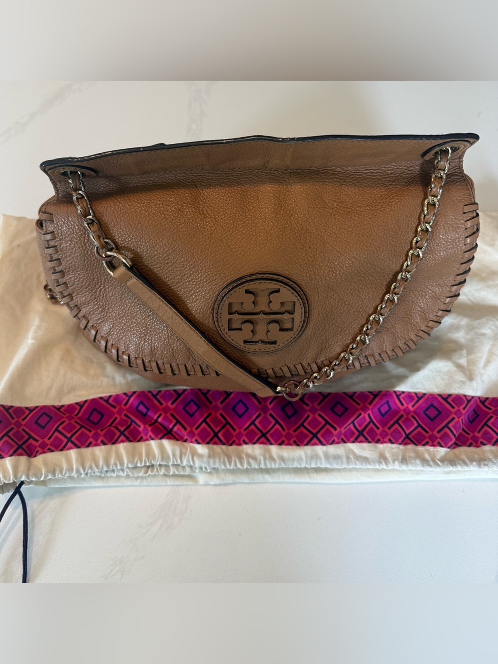 Tory Burch Brown Leather Whipstitch Shoulder Bag